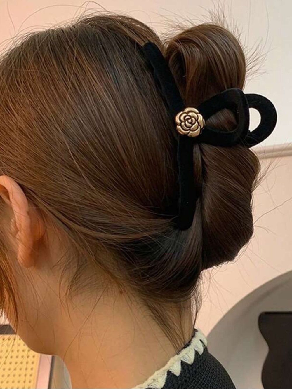 Black Velvet Bow Hair Claw with Gold Rose Accent